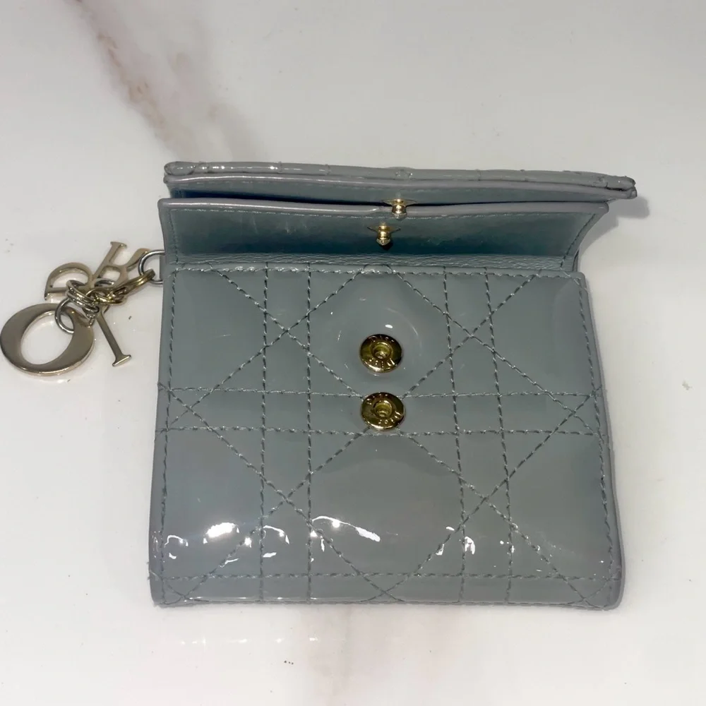 Auth CHRISTIAN DIOR Lady Dior Gray Trifold wallet  with Dior Charm
